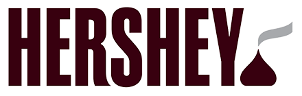 HERSHEY logo in bold dark brown letters with a stylized Hershey Kiss chocolate and a silver wrapper plume at the end, set against a transparent background, conveying a classic and inviting brand identity