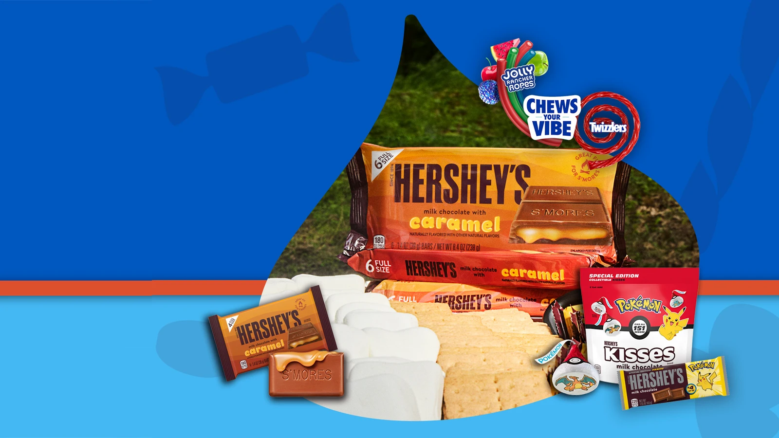 Assorted Hershey products including caramel chocolate bars, marshmallows, graham crackers, and Pokemon-themed Hersheys Kisses and chocolate, arranged together on a blue and orange background with playful candy graphics and the text Chews Your Vibe. The scene feels fun and inviting, evoking a sense of enjoyment and nostalgia.