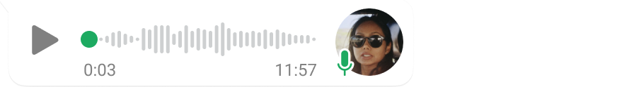 Audio message interface showing a play button, waveform, and profile photo with a green microphone icon, displaying a duration of 11 minutes and 57 seconds and a current playback time of 3 seconds, set against a clean white background, conveying a modern and accessible communication tool