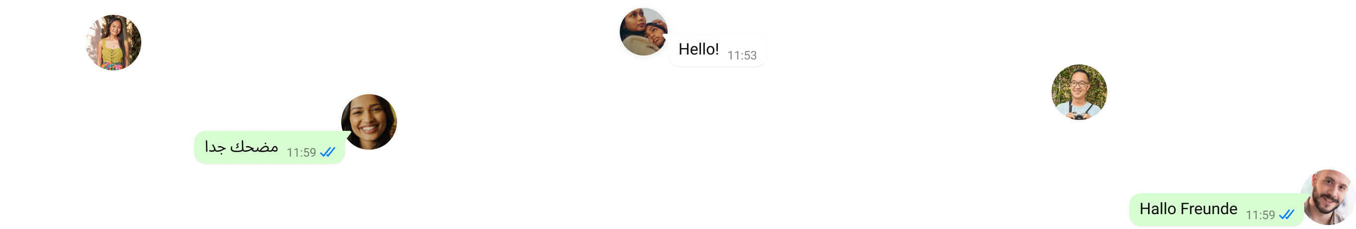 Three chat bubbles displayed on a black background, each showing a different language and time. The first bubble contains Arabic text reading مضحك جدا with a timestamp of 11:59 and two blue check marks, the second bubble contains English text Hello with a timestamp of 11:53, and the third bubble contains German text Hallo Freunde with a timestamp of 11:59 and two blue check marks. Each message is accompanied by a circular profile photo. The overall tone is friendly and inclusive, highlighting multilingual communication in a digital chat environment.