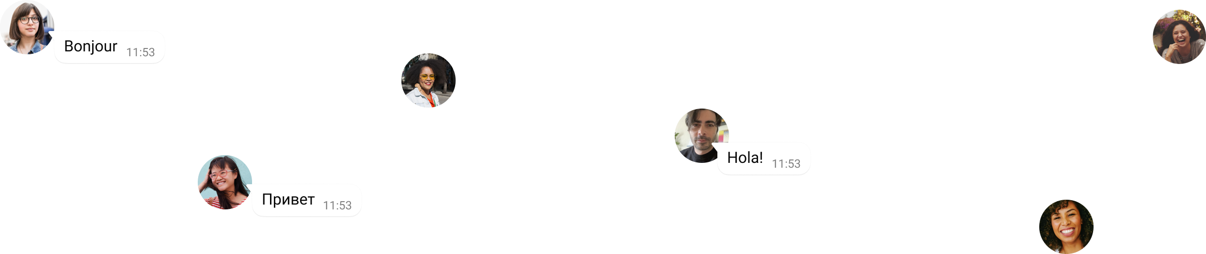Six circular profile photos arranged on a black background, each connected to a chat bubble displaying a greeting in a different language. The messages read Bonjour, Привет, Hola, and each includes a timestamp of 11:53. The overall tone is friendly and inclusive, highlighting global communication and diversity in a digital chat environment.