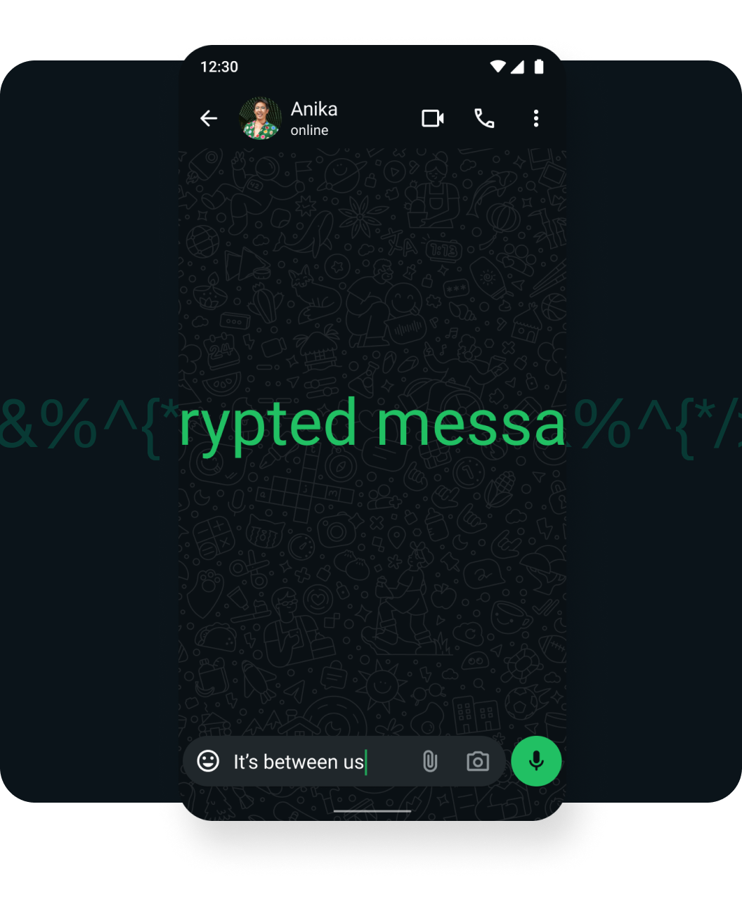 Smartphone screen displaying a WhatsApp chat with a contact named Anika who is online. The chat background features playful doodles in dark gray. A large green text overlay partially reads r ypted messa with symbols on either side, suggesting the phrase encrypted message. The message input field at the bottom contains the text Its between us and icons for emoji, attachment, and microphone. The overall tone is private and secure, emphasizing confidentiality in a digital messaging environment.