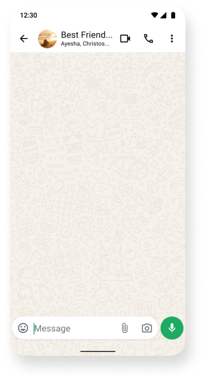 A group video call interface showing friends connecting remotely, emphasizing group communication and togetherness. The background suggests a cozy indoor setting, highlighting the ease of staying in touch with multiple people at once using WhatsApp groups.
